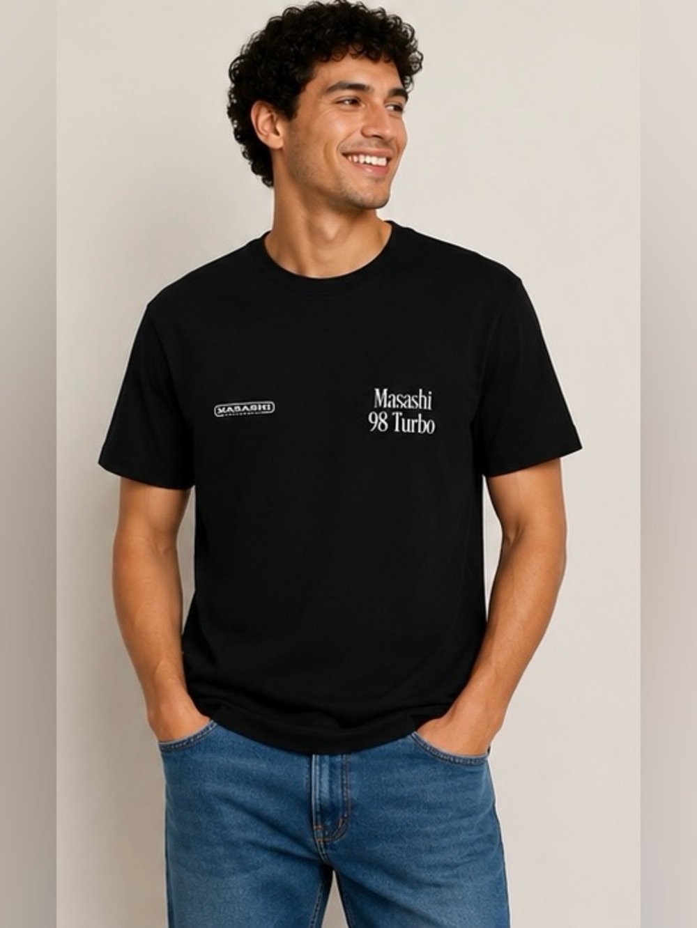 H&M Black Short Sleeve Tee with White 'Masashi 98 Turbo' Graphic